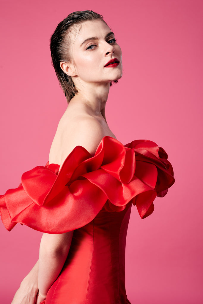 off the shoulder red ruffle dress Puff-Sleeve Long Ruffled Prom Dress: Amarra 94002 Red / 000