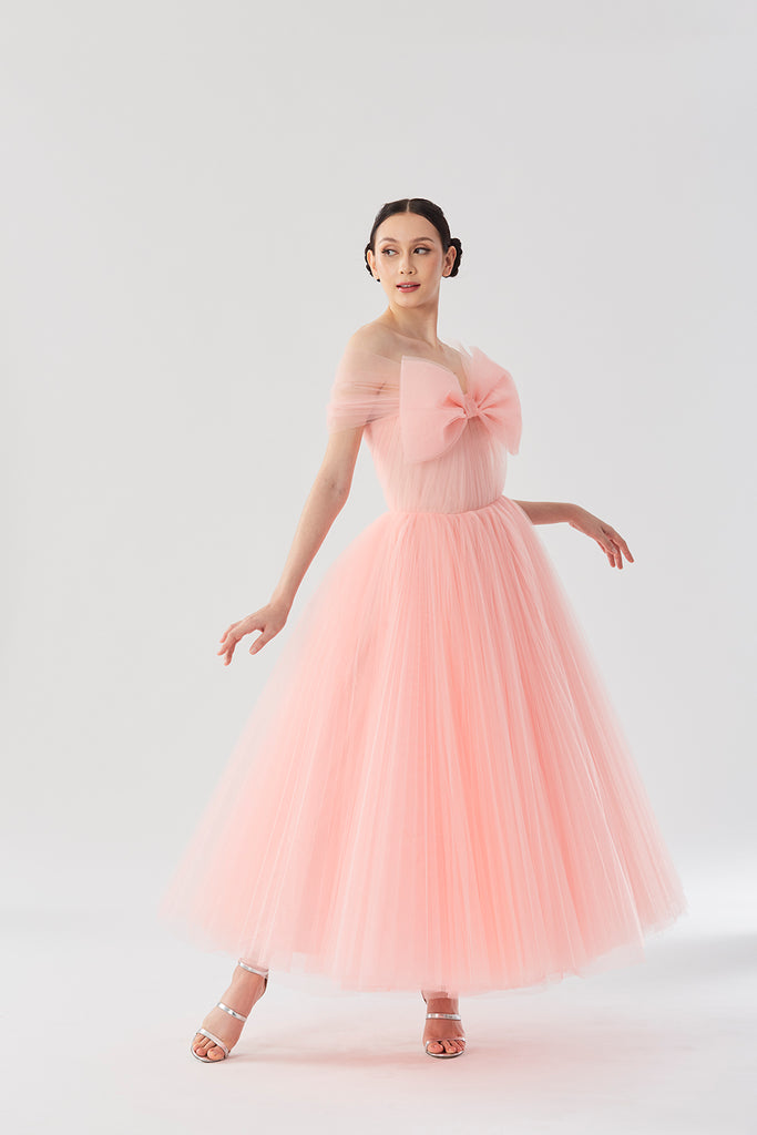 bow front layered tube tulle dress Layered Tulle Prom Dress With Bow Straps 48288 Mario Pucci